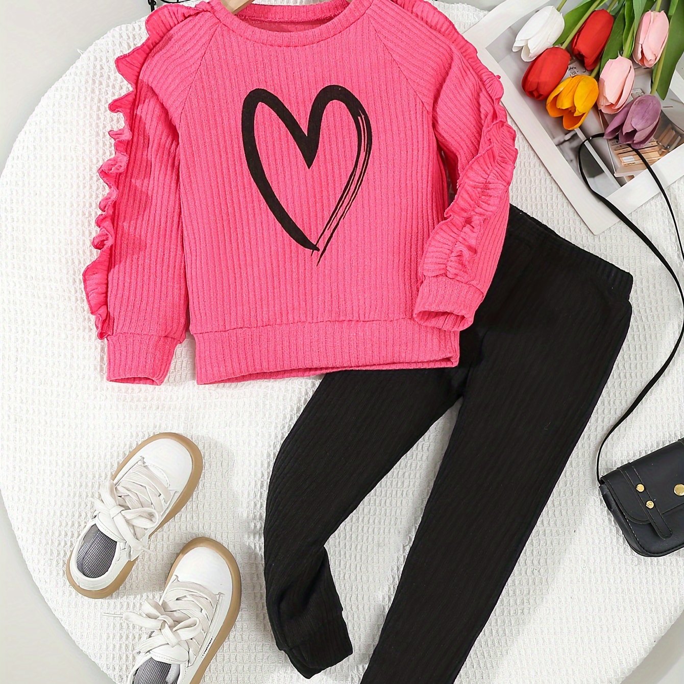 2pcs Girls' Ruffled Sleeve Stylish Outfit, Print Top And Pants Set, for Outdoor