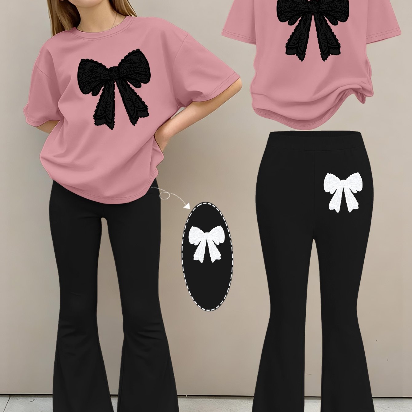 2pcs Girls' Summer Fashion Set: Printed Off-shoulder Short-sleeved Round-neck T-shirt + Elastic Flare Pants, Girls' Long Pants Set for Outdoor, Perfect for Outdoor