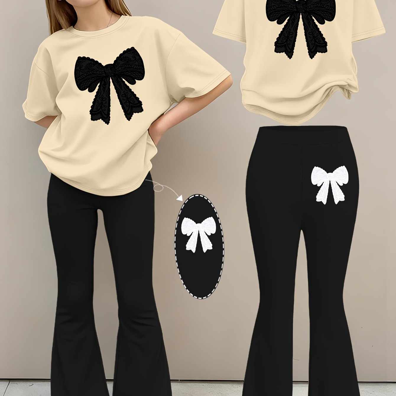 2pcs Girls' Summer Fashion Set: Printed Off-shoulder Short-sleeved Round-neck T-shirt + Elastic Flare Pants, Girls' Long Pants Set for Outdoor, Perfect for Outdoor