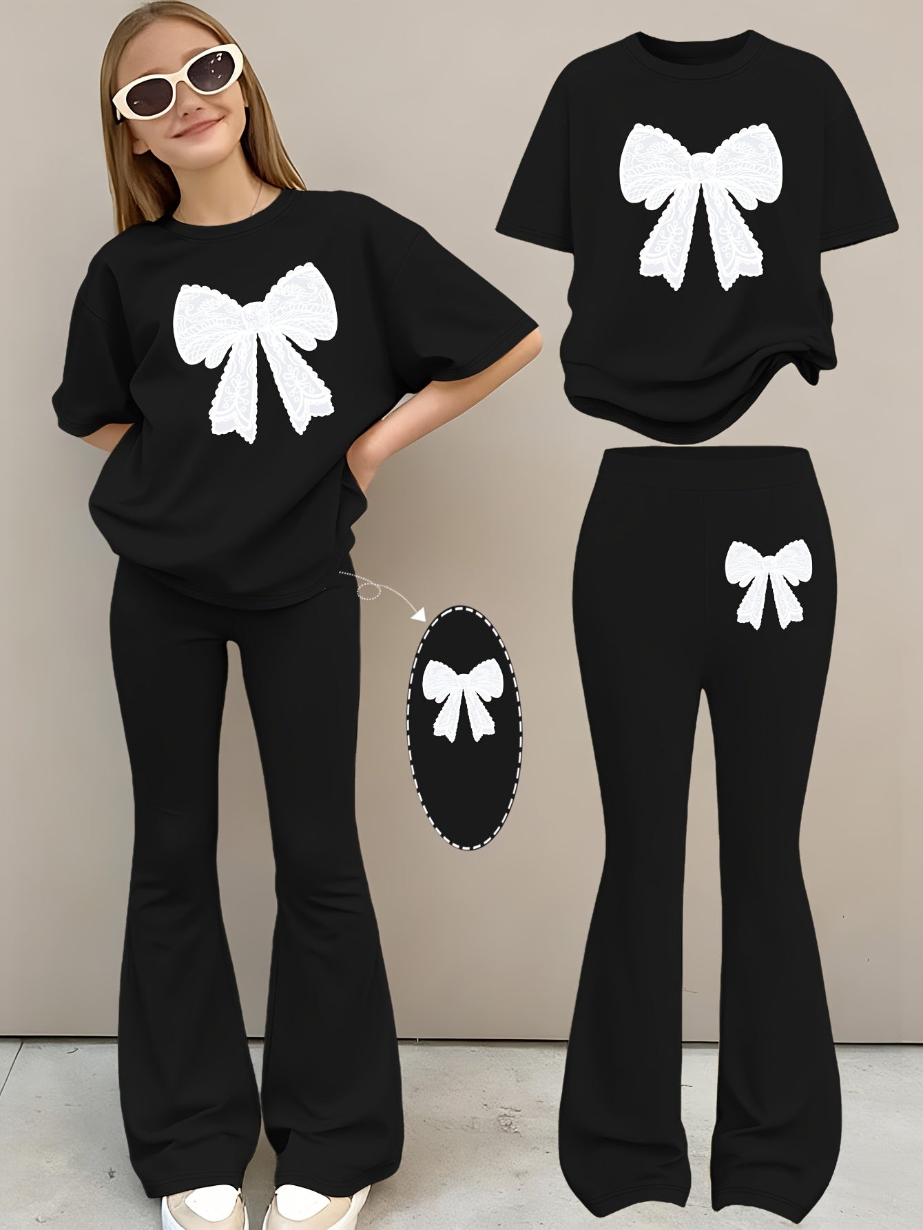 2pcs Girls' Summer Fashion Set: Printed Off-shoulder Short-sleeved Round-neck T-shirt + Elastic Flare Pants, Girls' Long Pants Set for Outdoor, Perfect for Outdoor