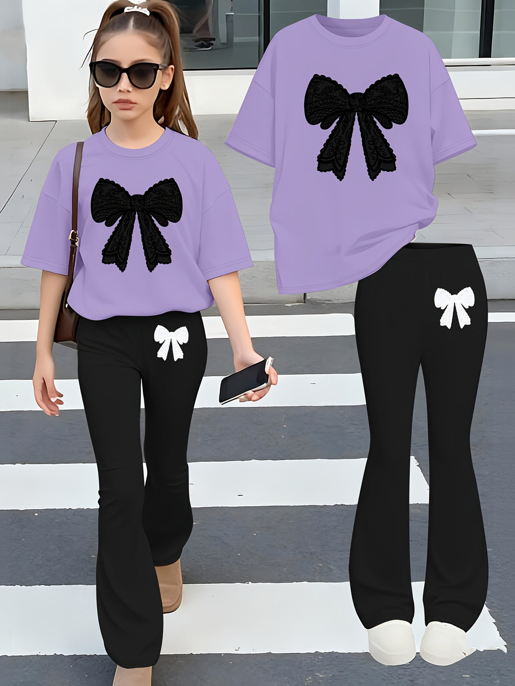 2pcs Girls' Summer Fashion Set: Printed Off-shoulder Short-sleeved Round-neck T-shirt + Elastic Flare Pants, Girls' Long Pants Set for Outdoor, Perfect for Outdoor
