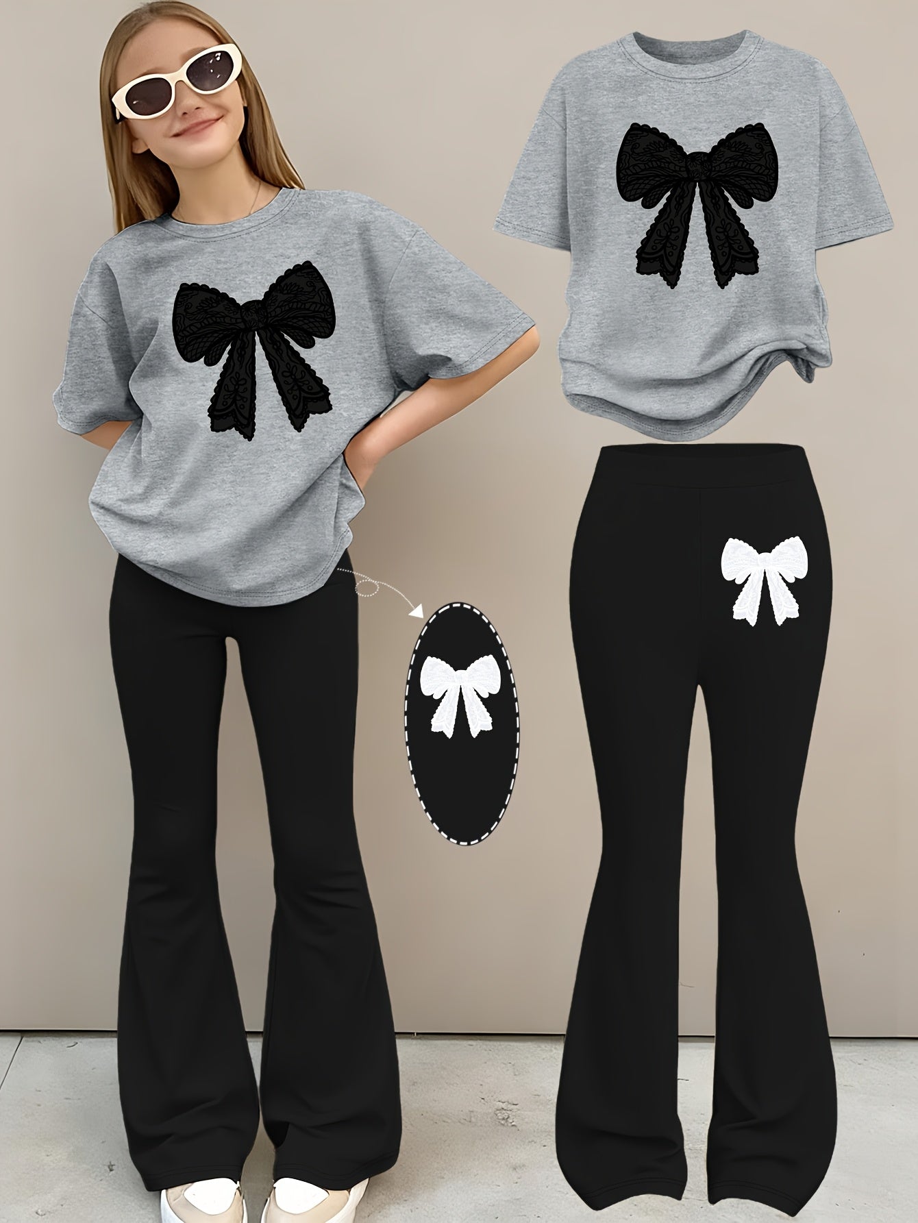 2pcs Girls' Summer Fashion Set: Printed Off-shoulder Short-sleeved Round-neck T-shirt + Elastic Flare Pants, Girls' Long Pants Set for Outdoor, Perfect for Outdoor