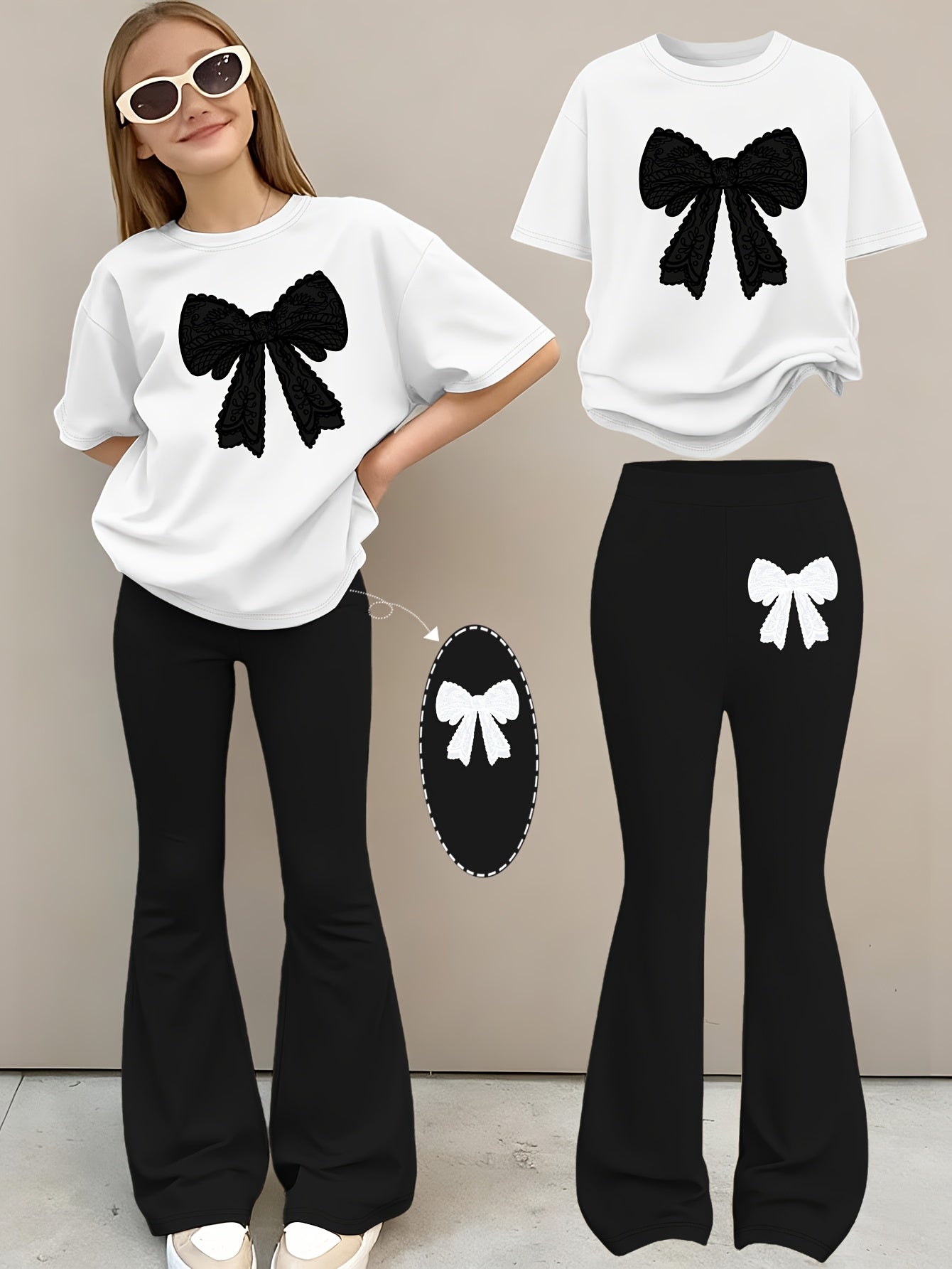 2pcs Girls' Summer Fashion Set: Printed Off-shoulder Short-sleeved Round-neck T-shirt + Elastic Flare Pants, Girls' Long Pants Set for Outdoor, Perfect for Outdoor