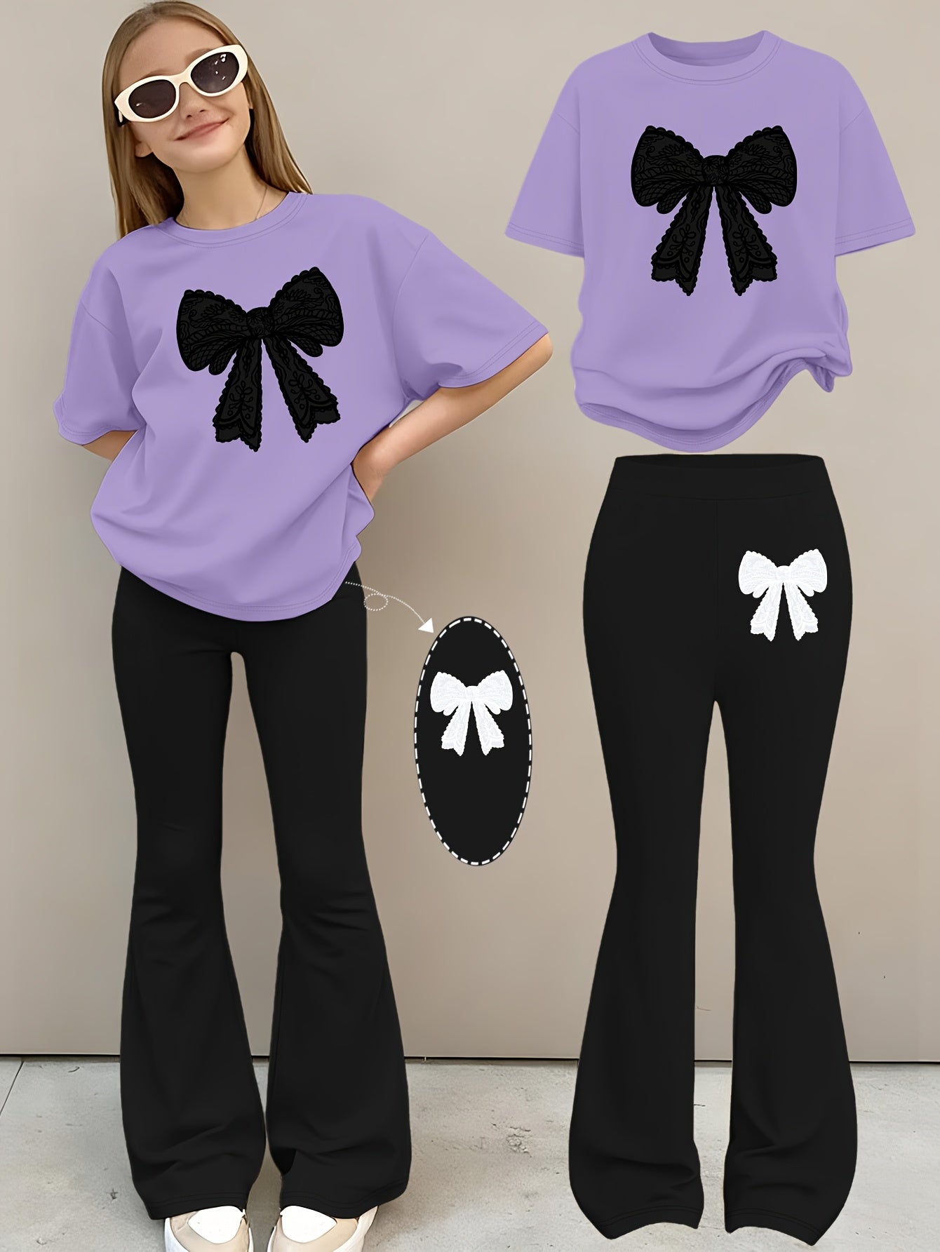 2pcs Girls' Summer Fashion Set: Printed Off-shoulder Short-sleeved Round-neck T-shirt + Elastic Flare Pants, Girls' Long Pants Set for Outdoor, Perfect for Outdoor