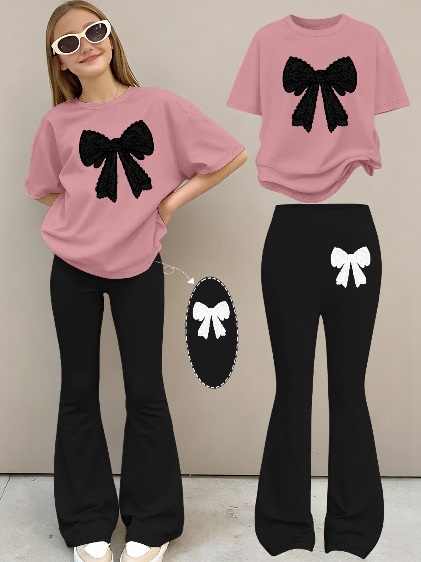 2pcs Girls' Summer Fashion Set: Printed Off-shoulder Short-sleeved Round-neck T-shirt + Elastic Flare Pants, Girls' Long Pants Set for Outdoor, Perfect for Outdoor
