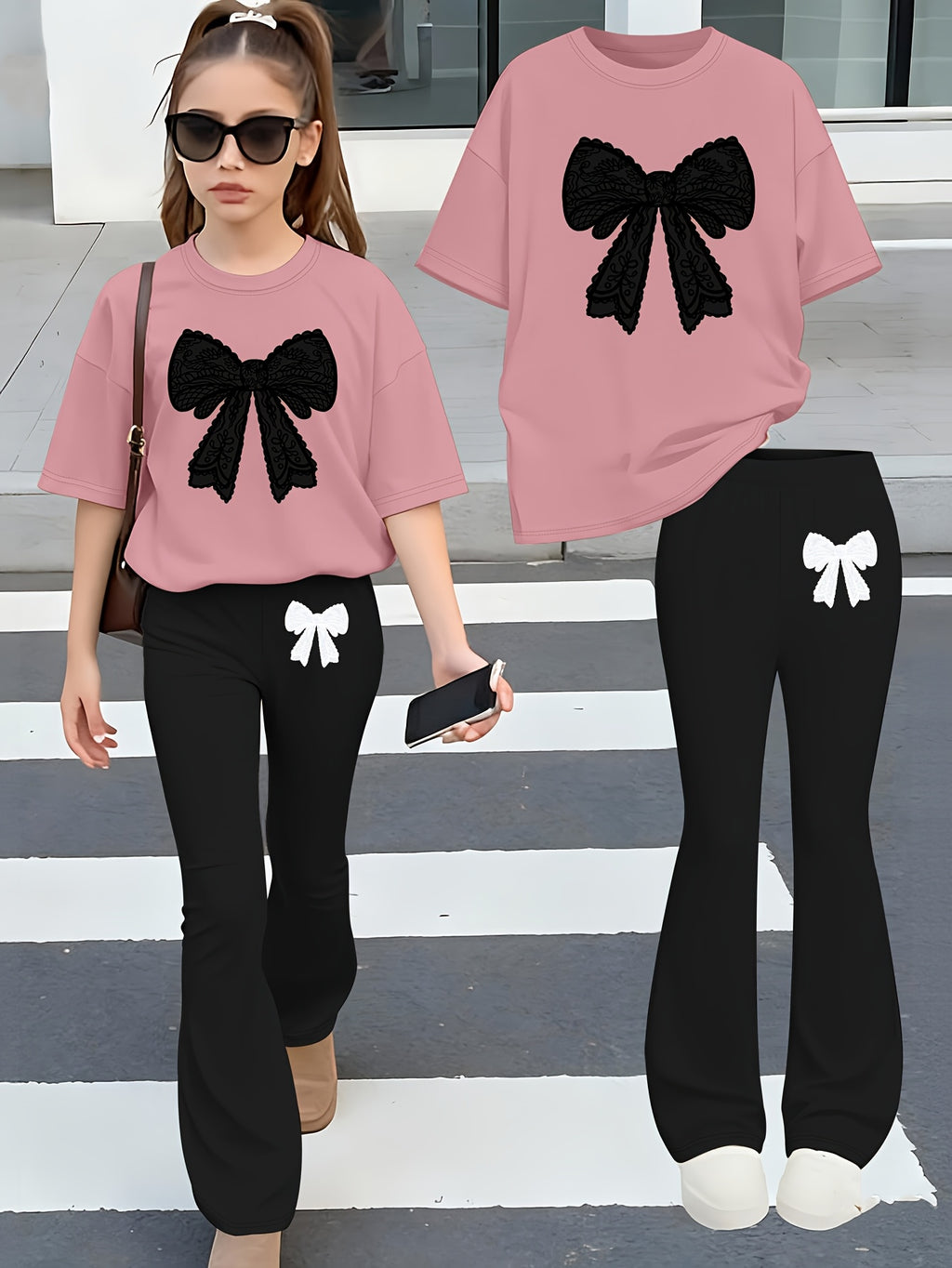 2pcs Girls' Summer Fashion Set: Printed Off-shoulder Short-sleeved Round-neck T-shirt + Elastic Flare Pants, Girls' Long Pants Set for Outdoor, Perfect for Outdoor