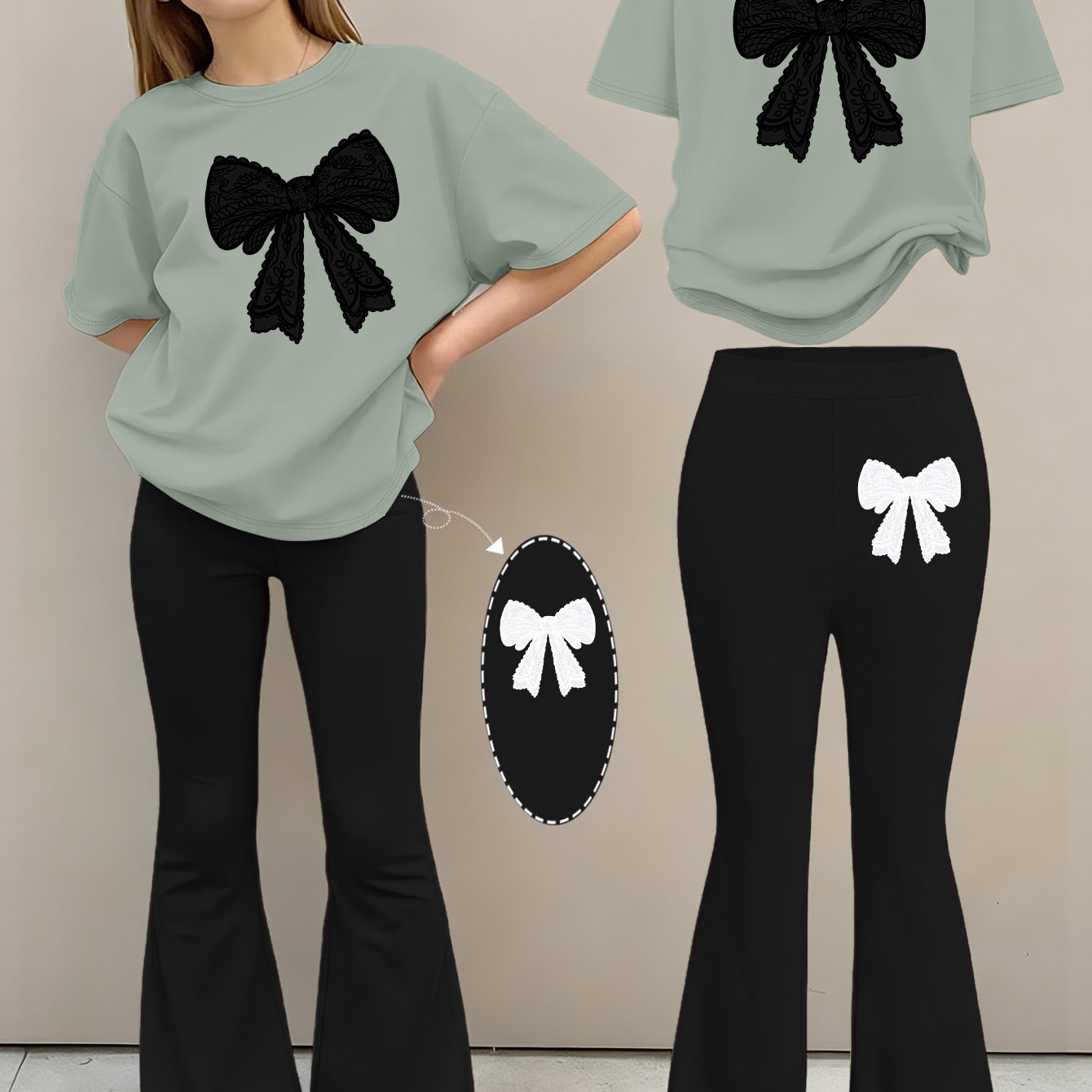 2pcs Girls' Summer Fashion Set: Printed Off-shoulder Short-sleeved Round-neck T-shirt + Elastic Flare Pants, Girls' Long Pants Set for Outdoor, Perfect for Outdoor