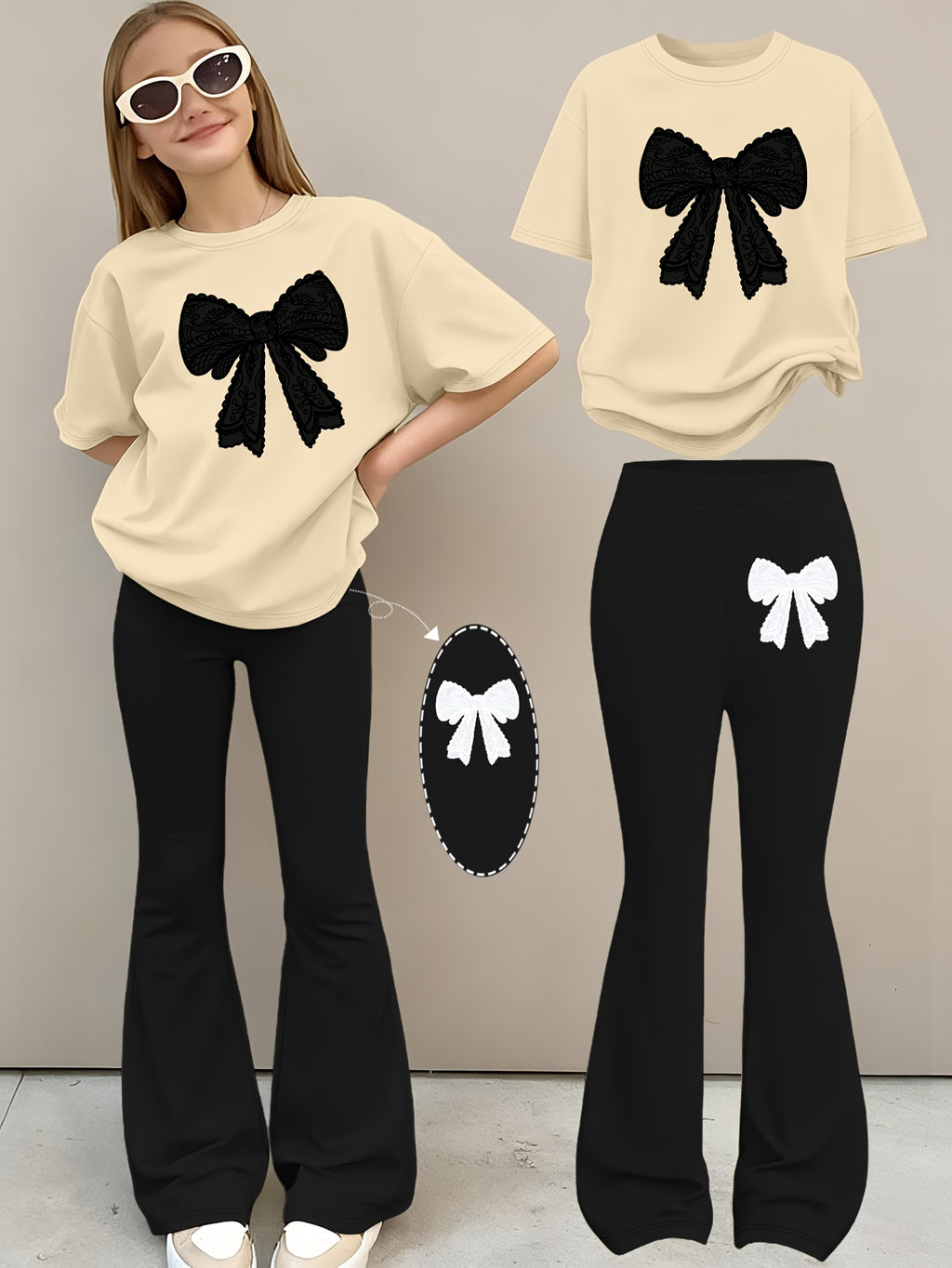 2pcs Girls' Summer Fashion Set: Printed Off-shoulder Short-sleeved Round-neck T-shirt + Elastic Flare Pants, Girls' Long Pants Set for Outdoor, Perfect for Outdoor