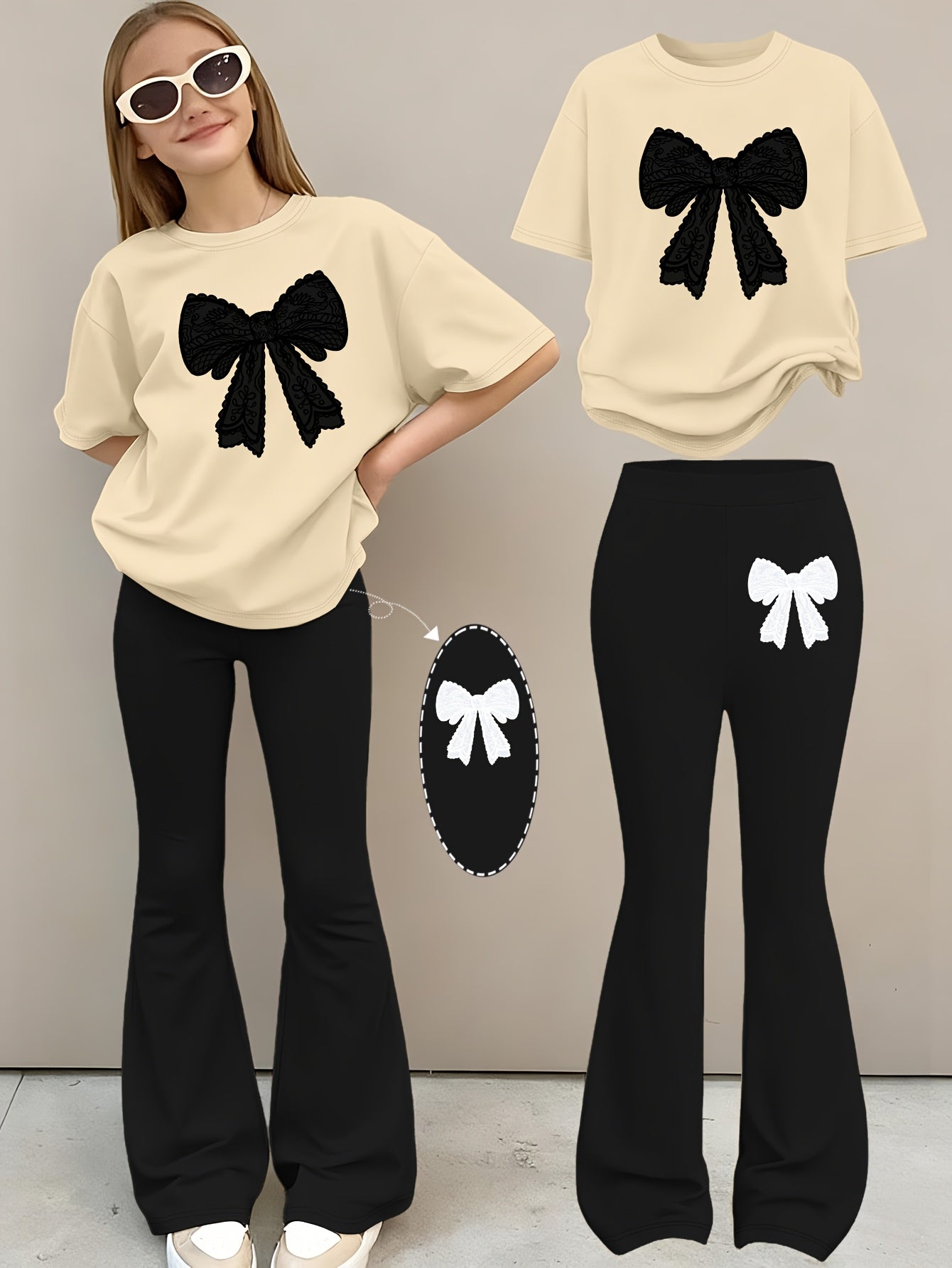 2pcs Girls' Summer Fashion Set: Printed Off-shoulder Short-sleeved Round-neck T-shirt + Elastic Flare Pants, Girls' Long Pants Set for Outdoor, Perfect for Outdoor