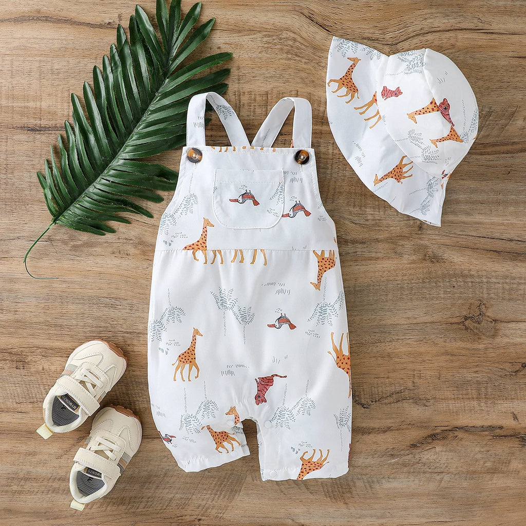 2Pcs Baby's Boys Summer European and American style Sleeveless Cartoon Bodysuit Casual Jumpsuit Cute For 0-1Y Clothing Wear +Hat