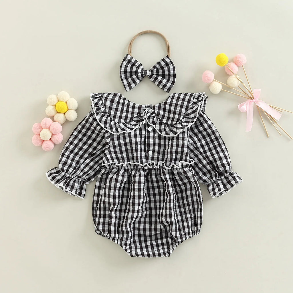 2Pcs Infant Baby Girl Spring Autumn Outfit, Plaid Doll Collar Long Sleeve Ruffle Romper + Hairband Set for Infants, 0-18 Months