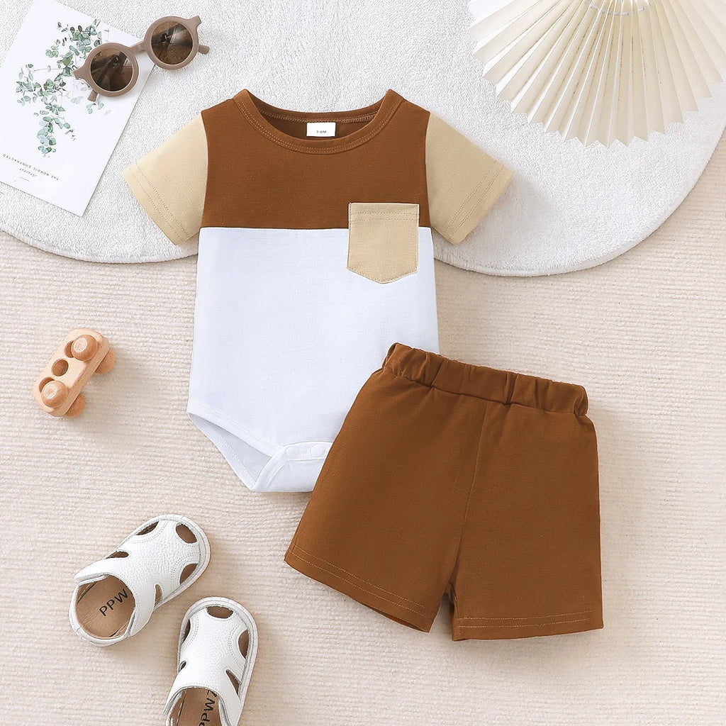 0-18 Month Baby boy Set, Round neck Color Blocked Bodysuit +Shorts 2-piece set, Newborn Baby boy Sports style casual Set