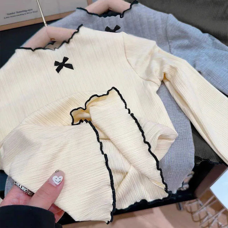 6M-8Y Girls' Long Sleeved T-shirt Children's Ruffled Edge Bow Knitted Tops 2025 Autumn New Versatile Base Shirt for Baby Girls