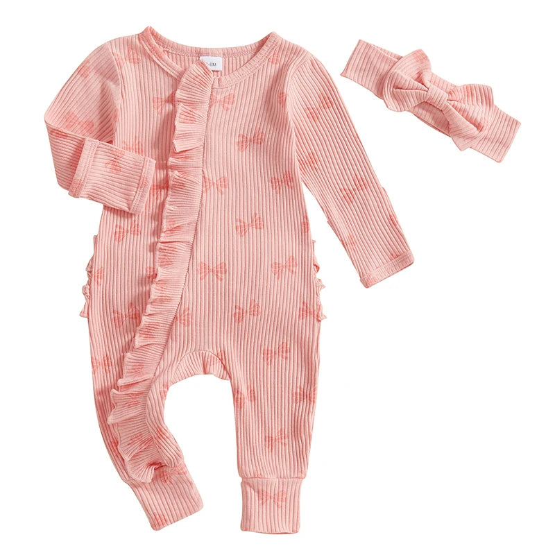 Newborn Baby Girl Outfits Bow Print Ruffle Long Sleeve O Neck Ribbed  Jumpsuit with Headband Set Toddlers Spring Fall Clothes