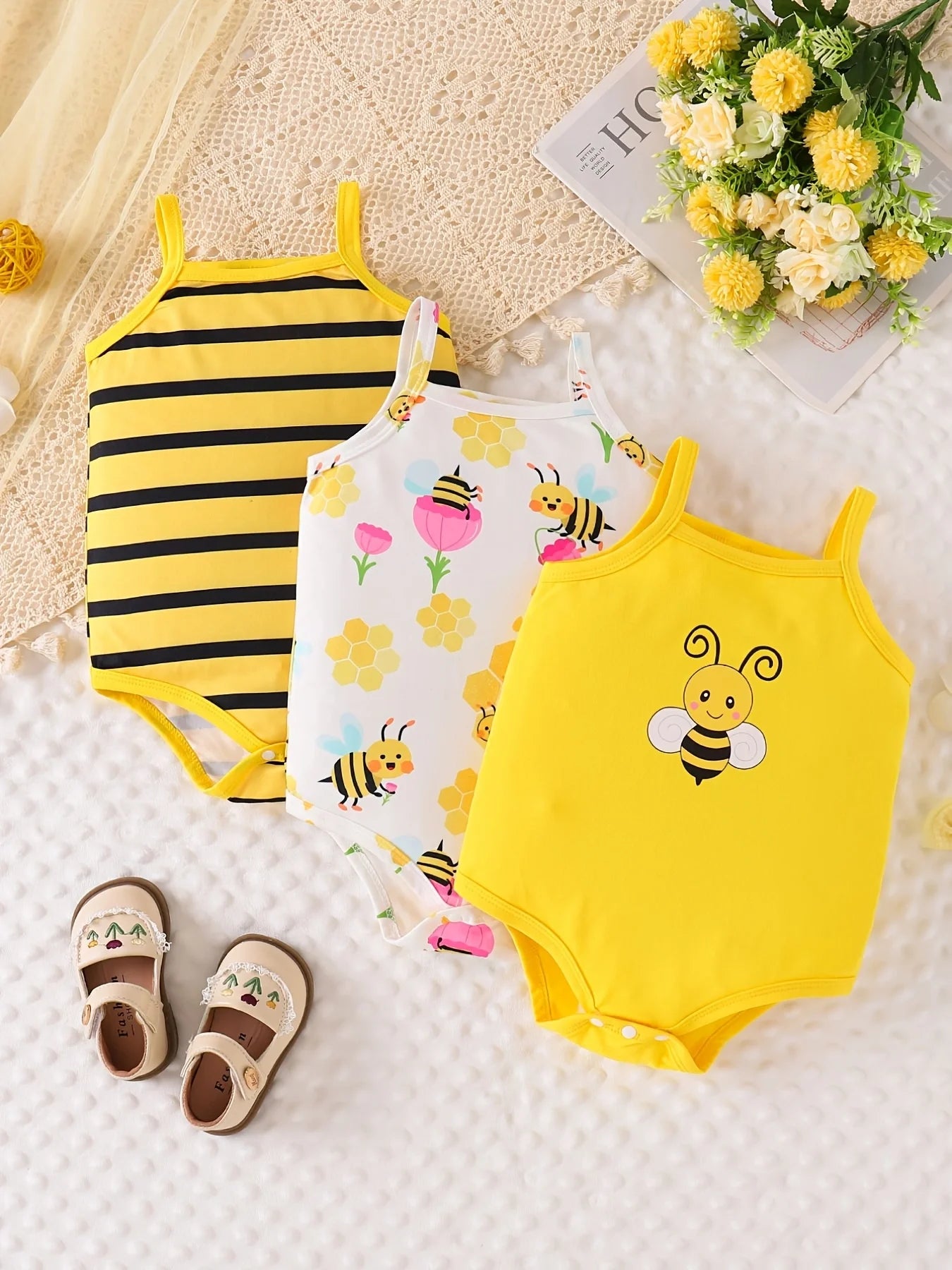 Summer New Arrival Baby Bee Element Sleeveless Bodysuit 3-Piece Set