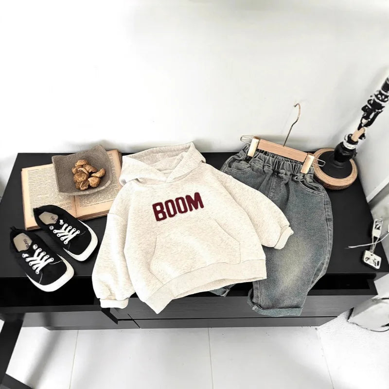 2025 New Style Baby Boys Toddler Kids Hooded Sweatshirt Pullover Loose Fit Casual Top for Spring and Autumn