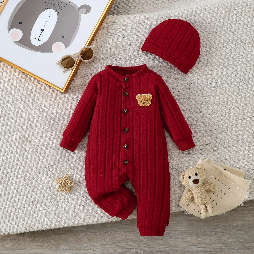 【Baby Boy】Autumn & Winter Red Onesie with Front Single-Breasted Buttons and Cute Bear Badge on Chest + Red Hat SetFeaturing a wa