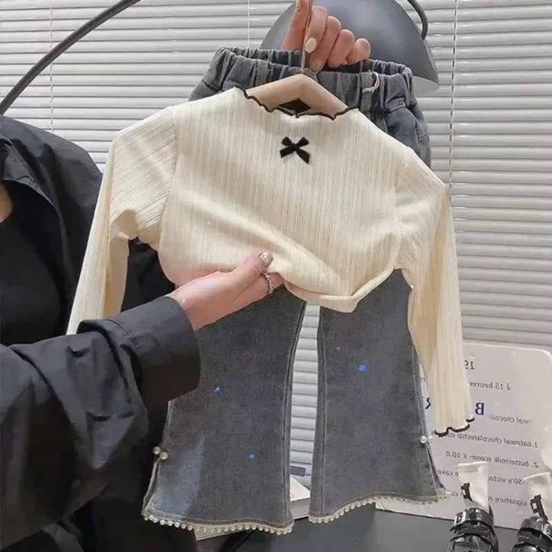 6M-8Y Girls' Long Sleeved T-shirt Children's Ruffled Edge Bow Knitted Tops 2025 Autumn New Versatile Base Shirt for Baby Girls