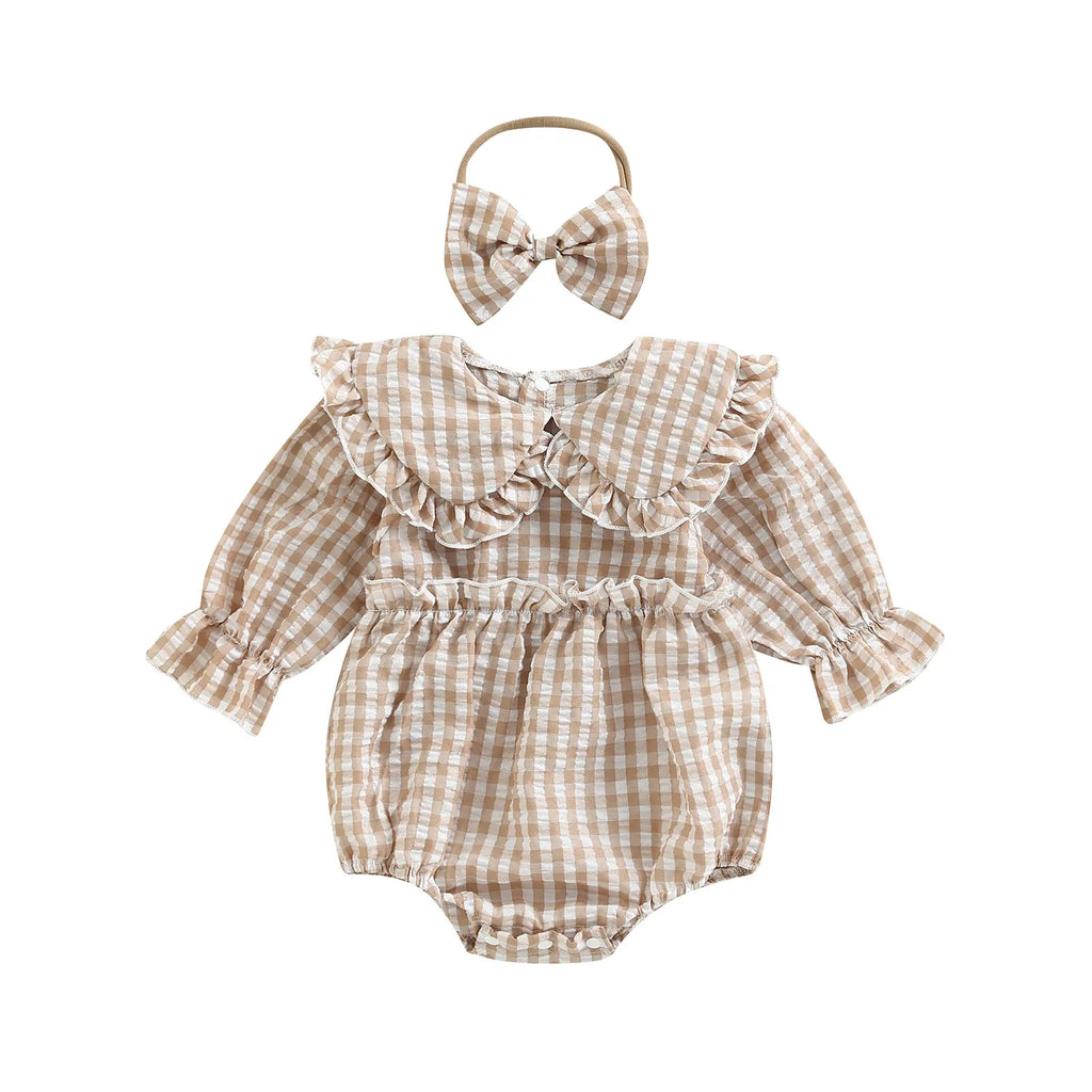 2Pcs Infant Baby Girl Spring Autumn Outfit, Plaid Doll Collar Long Sleeve Ruffle Romper + Hairband Set for Infants, 0-18 Months