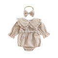 2Pcs Infant Baby Girl Spring Autumn Outfit, Plaid Doll Collar Long Sleeve Ruffle Romper + Hairband Set for Infants, 0-18 Months