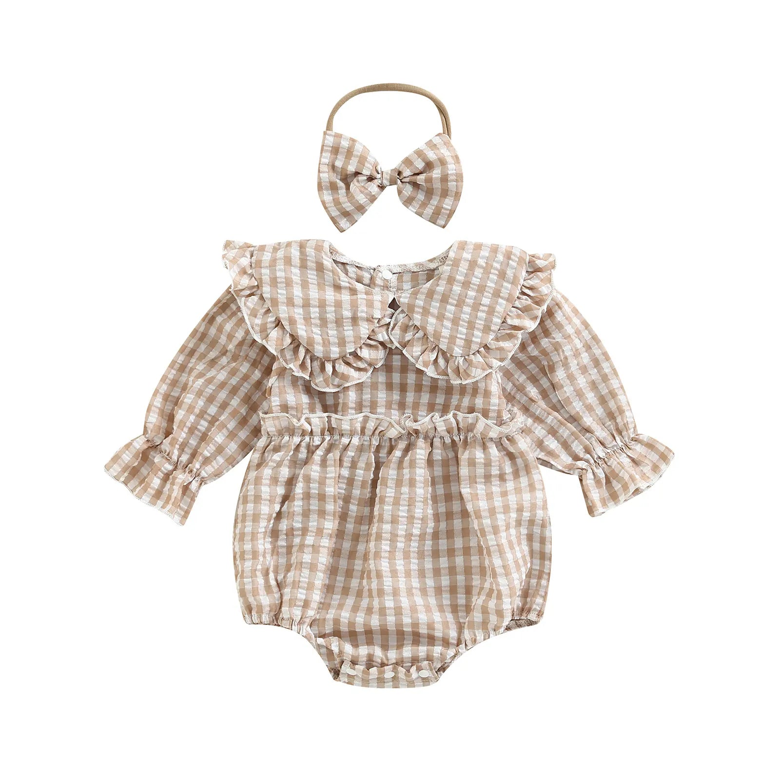 2Pcs Infant Baby Girl Spring Autumn Outfit, Plaid Doll Collar Long Sleeve Ruffle Romper + Hairband Set for Infants, 0-18 Months