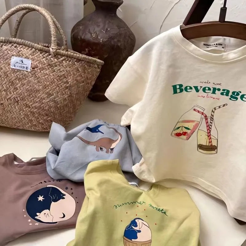 Children's Cotton Short Sleeve Top Cartoon Printed Half Sleeve Summer New Style For Middle Small Kids Kidswear T-shirt
