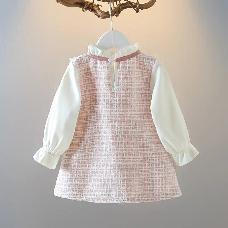 Girls Long Sleeve Skirt Cute Loose Dress Outer Wear Spring New Korean Style Clothing Kids Casual Fashion Round Neck Bow Skirt