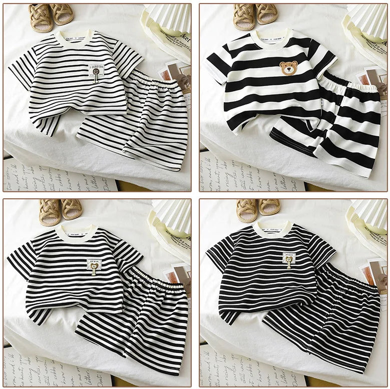 Children's Suit 2PCS Set New Summer Short Sleeve +Shorts Striped Boy Girl Child T-shirt Baby Clothes Children's Clothing