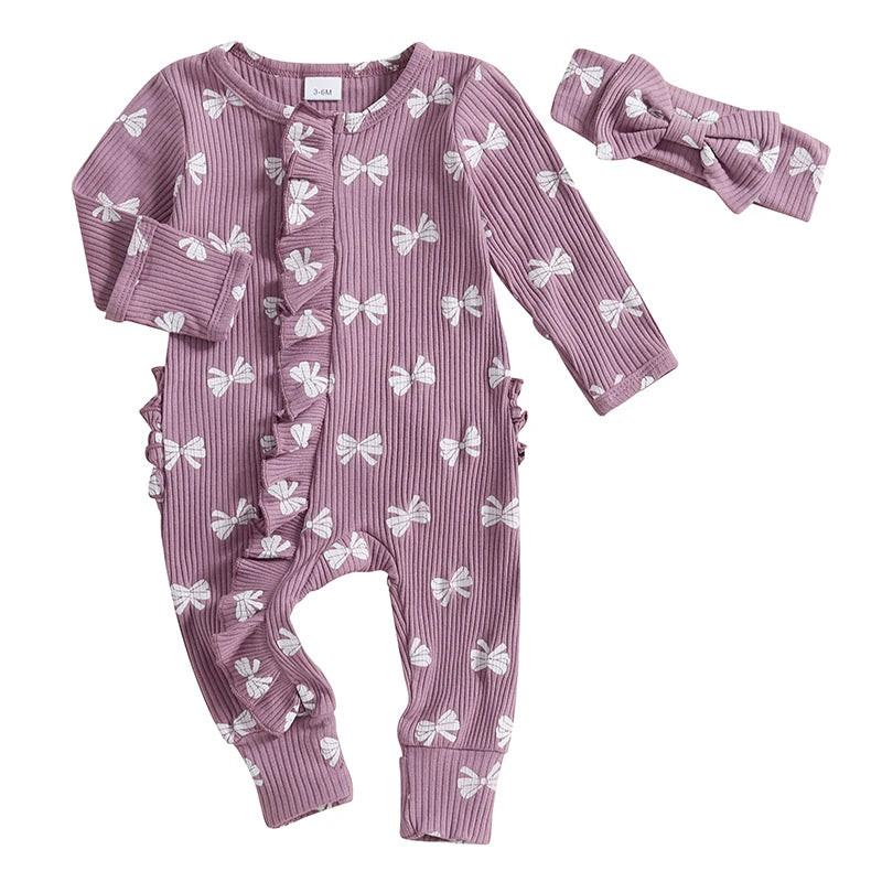 Newborn Baby Girl Outfits Bow Print Ruffle Long Sleeve O Neck Ribbed  Jumpsuit with Headband Set Toddlers Spring Fall Clothes