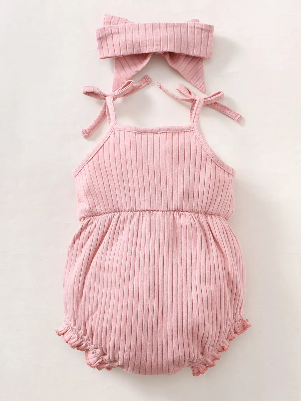 0-9 Months Newborn Baby Girl Romper Pink Ribbed Sling Bodysuit+ Headwear Summer Fashion Cute Button Decoration Jumpsuit