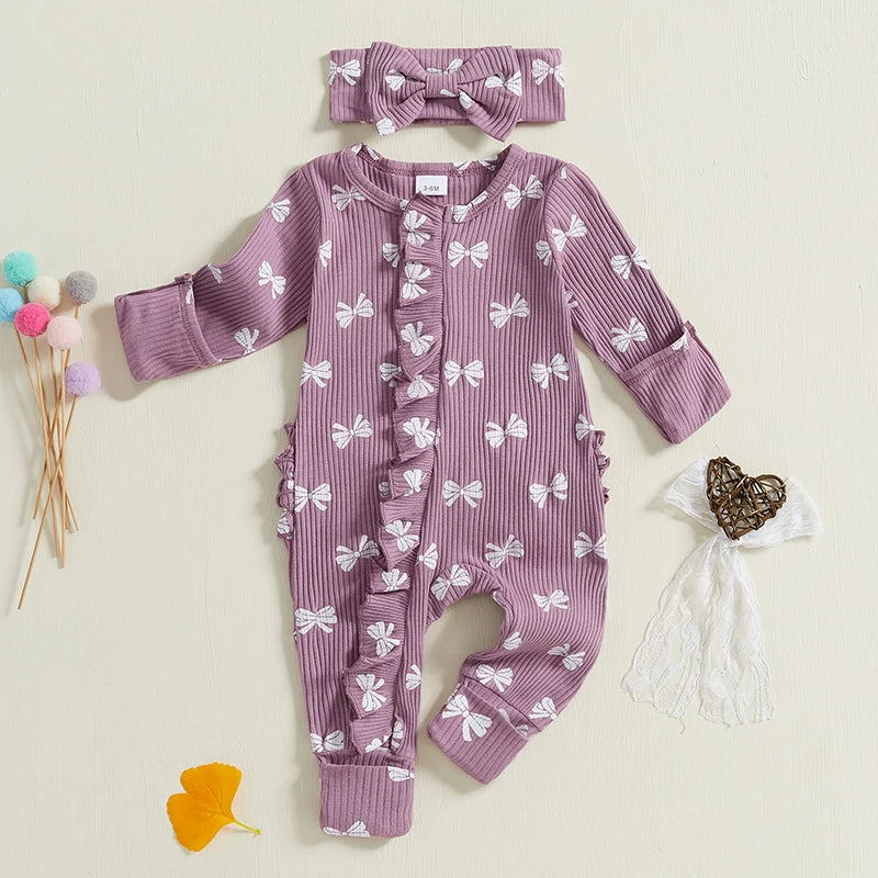 Newborn Baby Girl Outfits Bow Print Ruffle Long Sleeve O Neck Ribbed  Jumpsuit with Headband Set Toddlers Spring Fall Clothes
