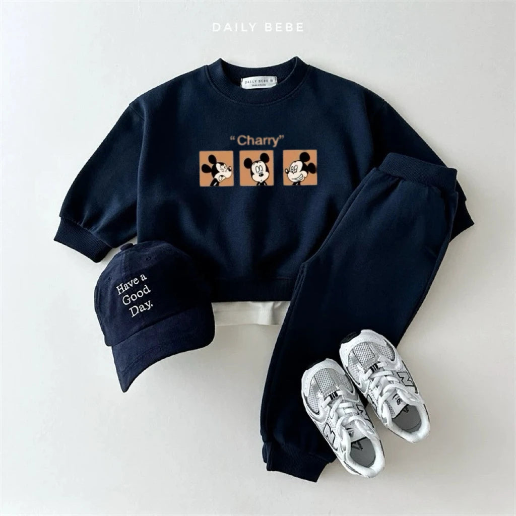 Mickey Mouse Hoodie +Pants 2Piece Set Spring Autumn Wear New Design Casual Crewneck Sweatshirts Solid Color Pants Outer Wear