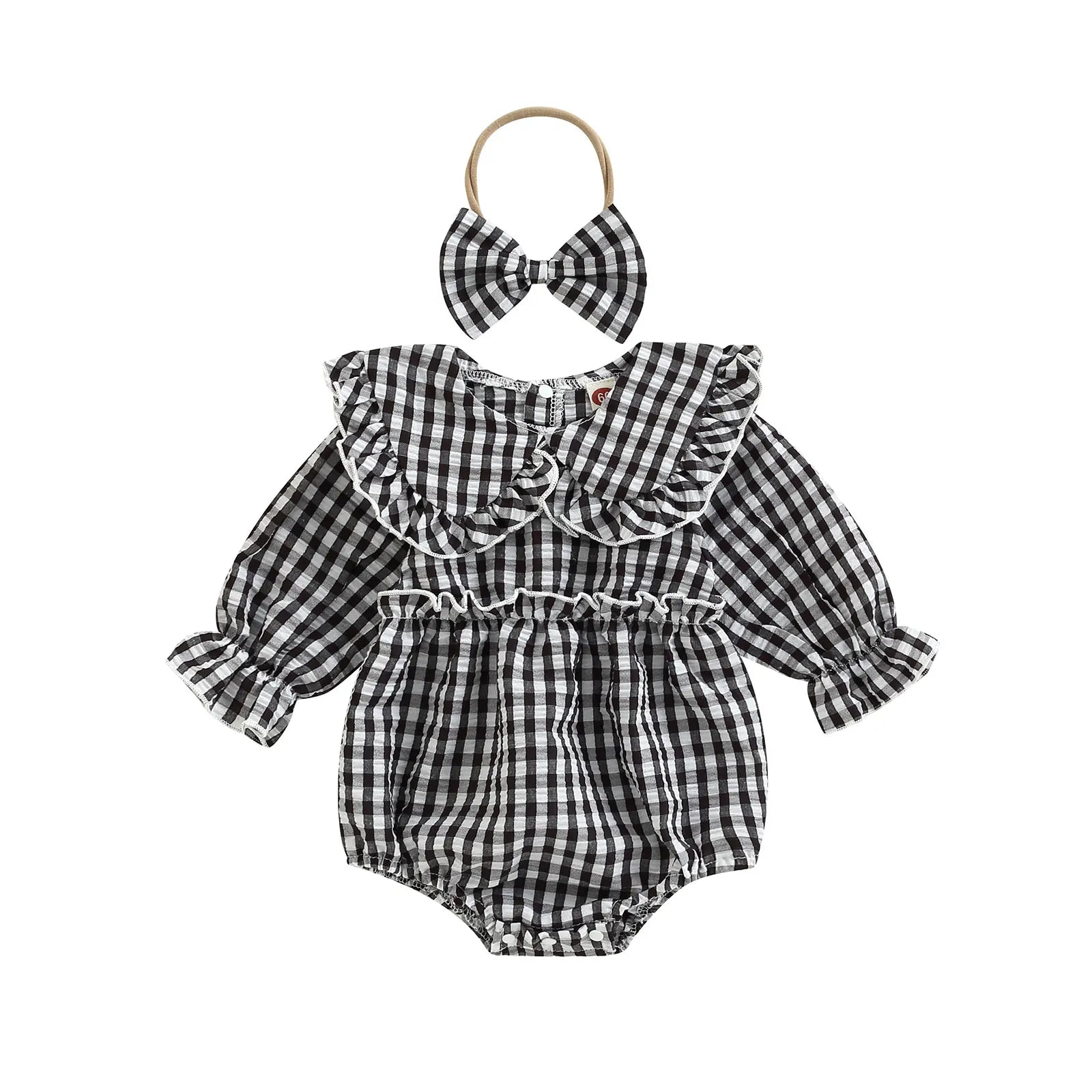 2Pcs Infant Baby Girl Spring Autumn Outfit, Plaid Doll Collar Long Sleeve Ruffle Romper + Hairband Set for Infants, 0-18 Months