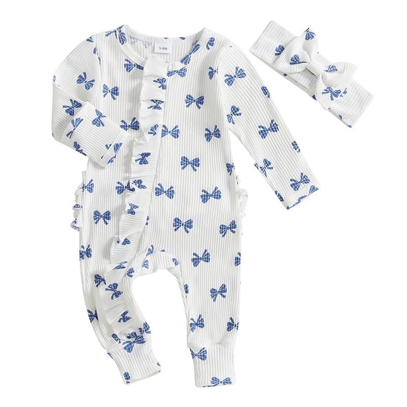 Newborn Baby Girl Outfits Bow Print Ruffle Long Sleeve O Neck Ribbed  Jumpsuit with Headband Set Toddlers Spring Fall Clothes