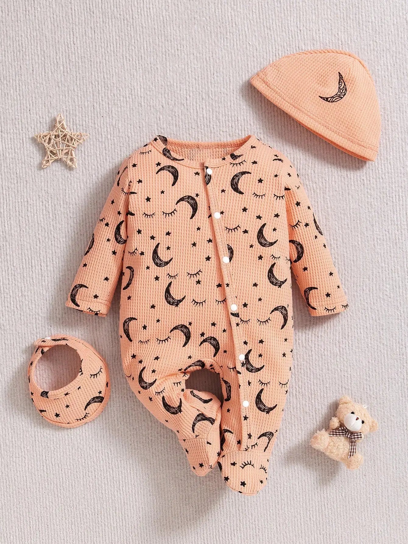 Baby Girl Moon and Star Pattern Long-Sleeved Round Neck Jumpsuit & Hat & Saliva Towel Three-Piece Set