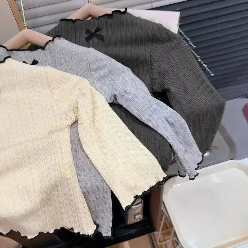 6M-8Y Girls' Long Sleeved T-shirt Children's Ruffled Edge Bow Knitted Tops 2025 Autumn New Versatile Base Shirt for Baby Girls