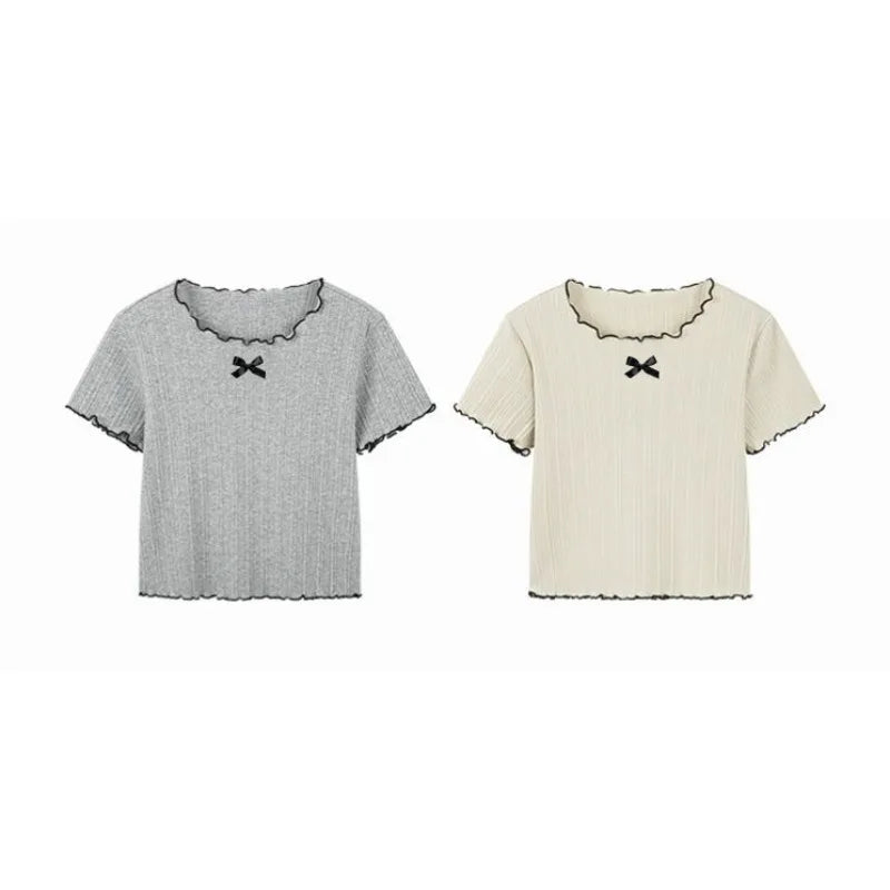 1-12Y Girl's Shirts Korean-style Knitted Lace-Trimmed Short-Sleeve Summer Ruched Tops Trendy Breathable Bow Tie Versatile Tee
