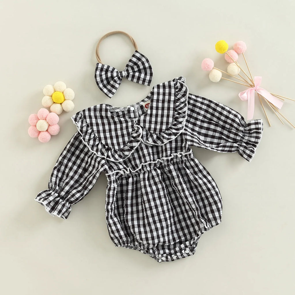 2Pcs Infant Baby Girl Spring Autumn Outfit, Plaid Doll Collar Long Sleeve Ruffle Romper + Hairband Set for Infants, 0-18 Months