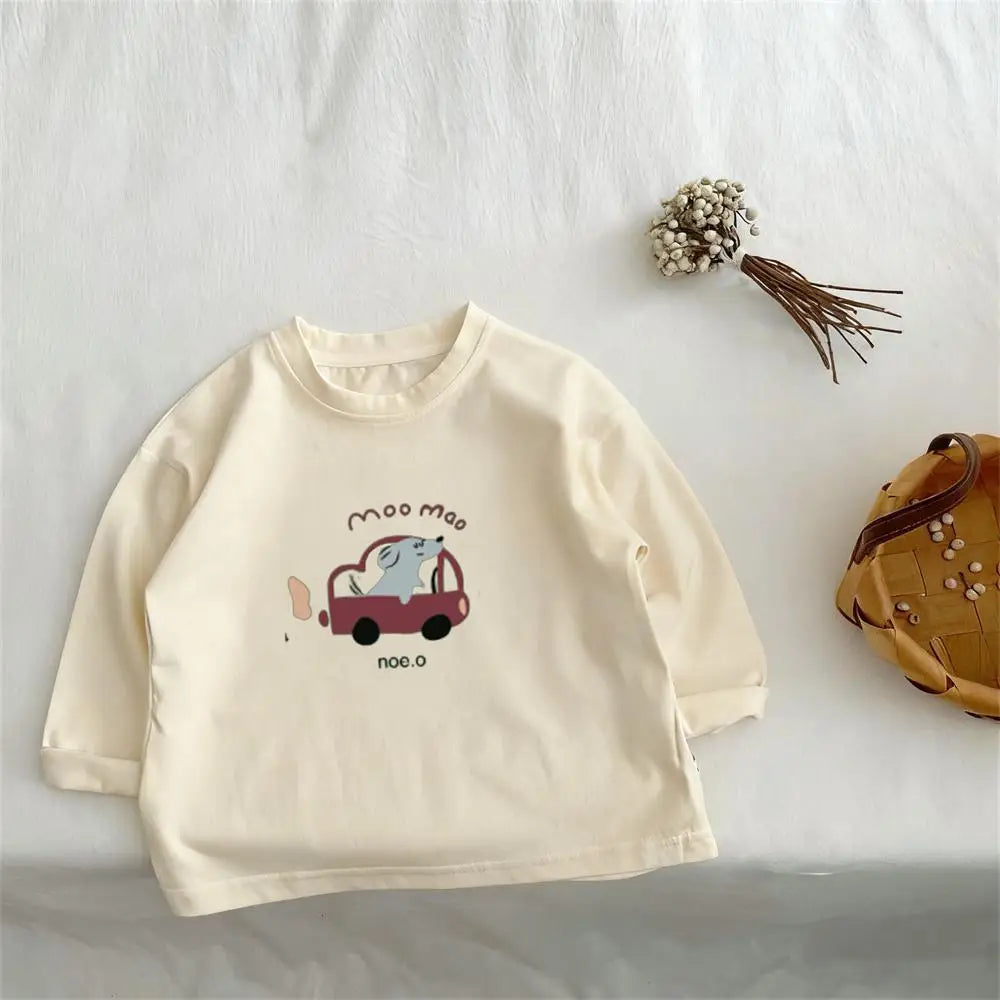 Boys Girls Solid Color Tops New Design Printed Pullover Shirt Loose Casual Thin Crewneck Tees Children Lovely Fashion T-shirts
