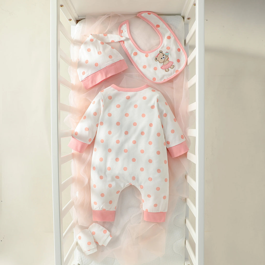 2025 Baby Girls 4Pcs All Seasons Long Sleeve Round neck Polka dots Embroidered Bear Newborn Cute Casual Jumpsuit+Bib+Hat+Gloves