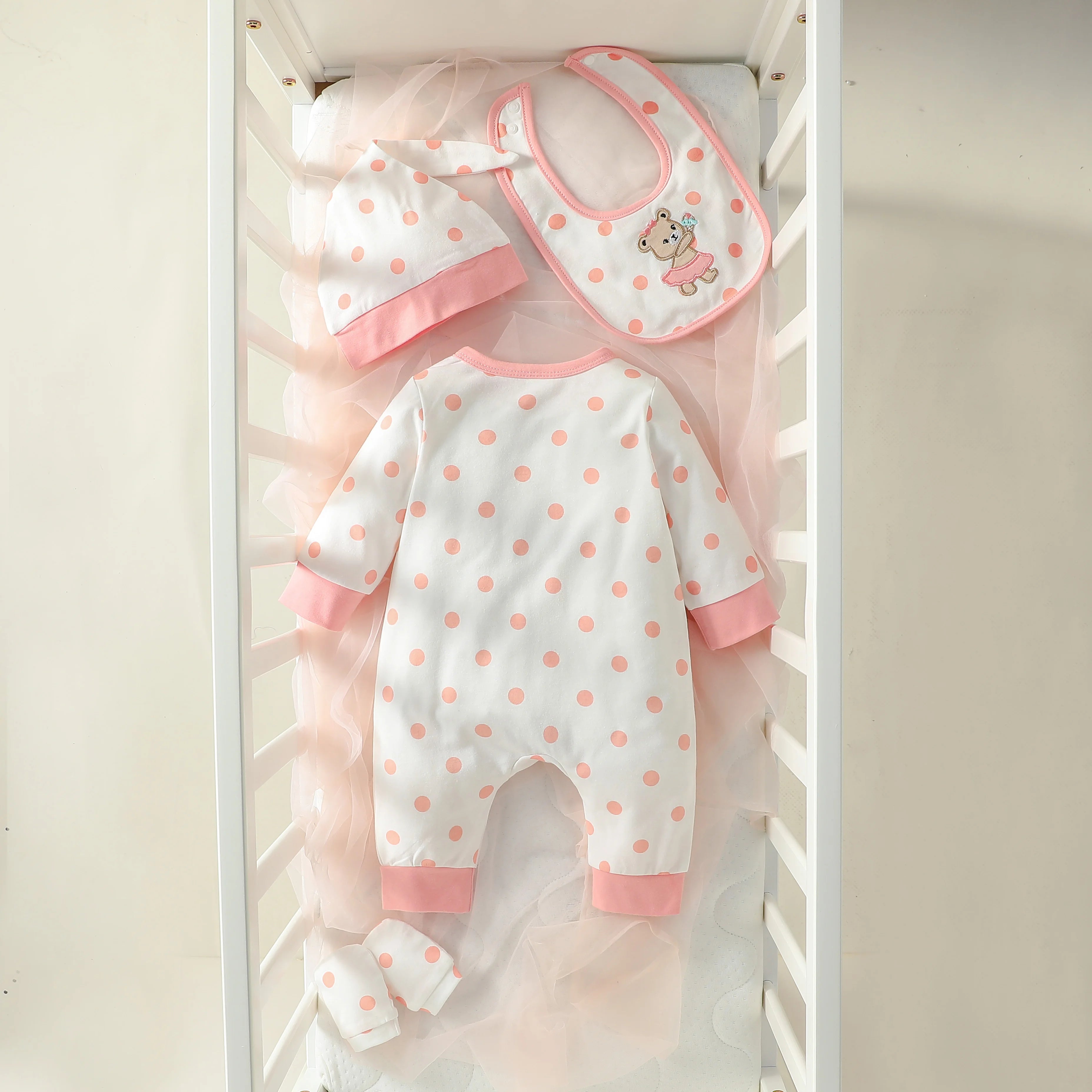 2025 Baby Girls 4Pcs All Seasons Long Sleeve Round neck Polka dots Embroidered Bear Newborn Cute Casual Jumpsuit+Bib+Hat+Gloves