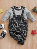 0-18m Baby Jumpsuit Cute Shoulder Strap Dinosaur Print Comfortable And Soft Spring And Autumn Long Sleeved Newborn Clothes
