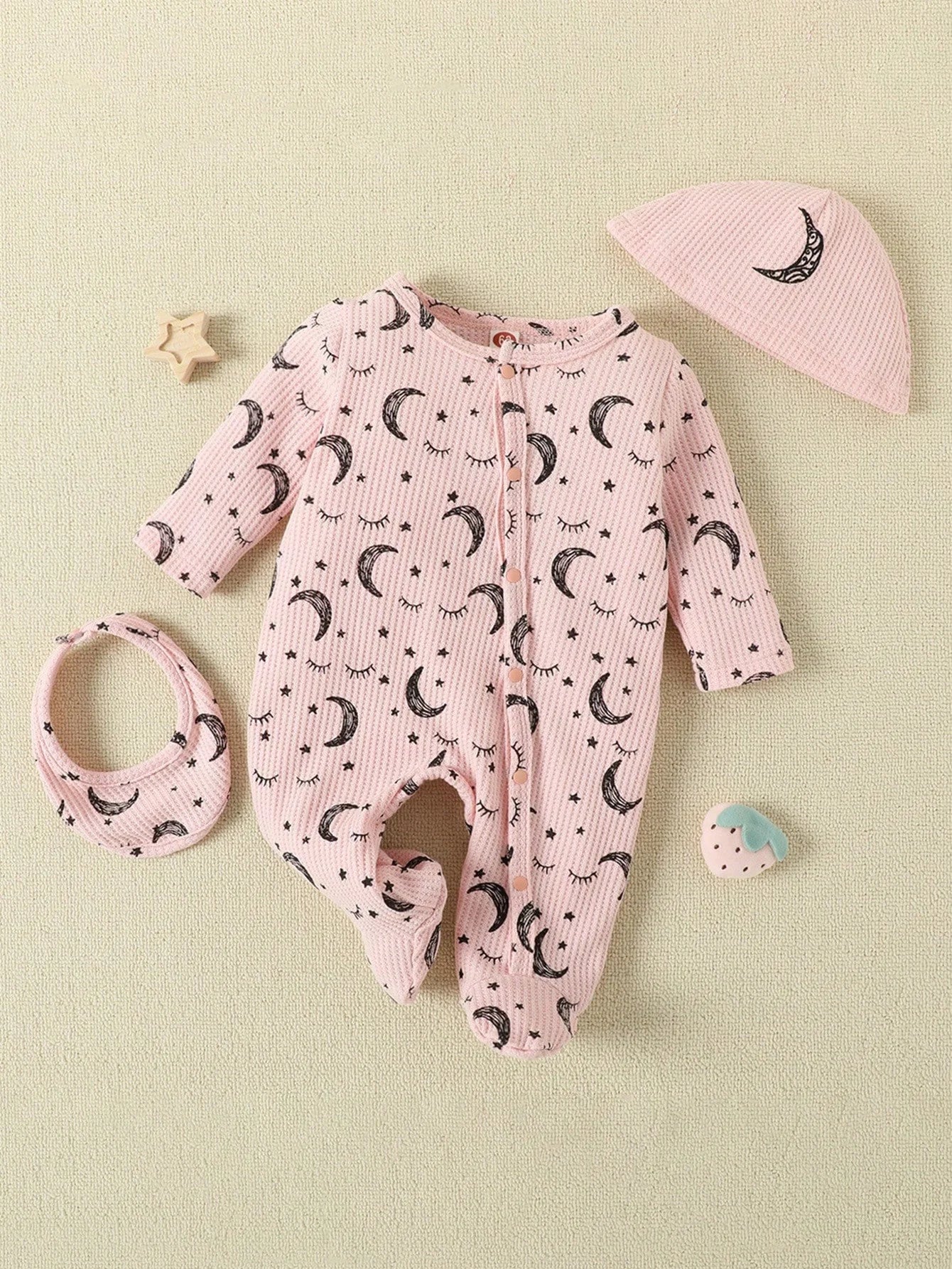 Baby Girl Moon and Star Pattern Long-Sleeved Round Neck Jumpsuit & Hat & Saliva Towel Three-Piece Set