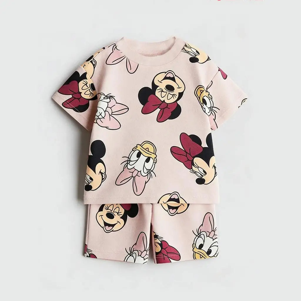Disney Mickey Children's Sports Set Cartoon Fashion Loose Girl Baby Boy Short Sleeve Round Neck T-shirt+shorts Two Piece Set