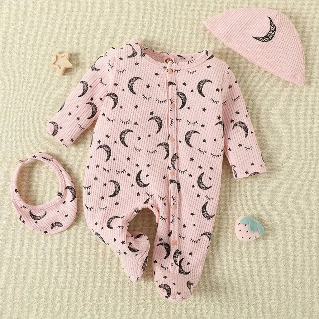 Baby Girl Moon and Star Pattern Long-Sleeved Round Neck Jumpsuit & Hat & Saliva Towel Three-Piece Set