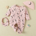 Baby Girl Moon and Star Pattern Long-Sleeved Round Neck Jumpsuit & Hat & Saliva Towel Three-Piece Set
