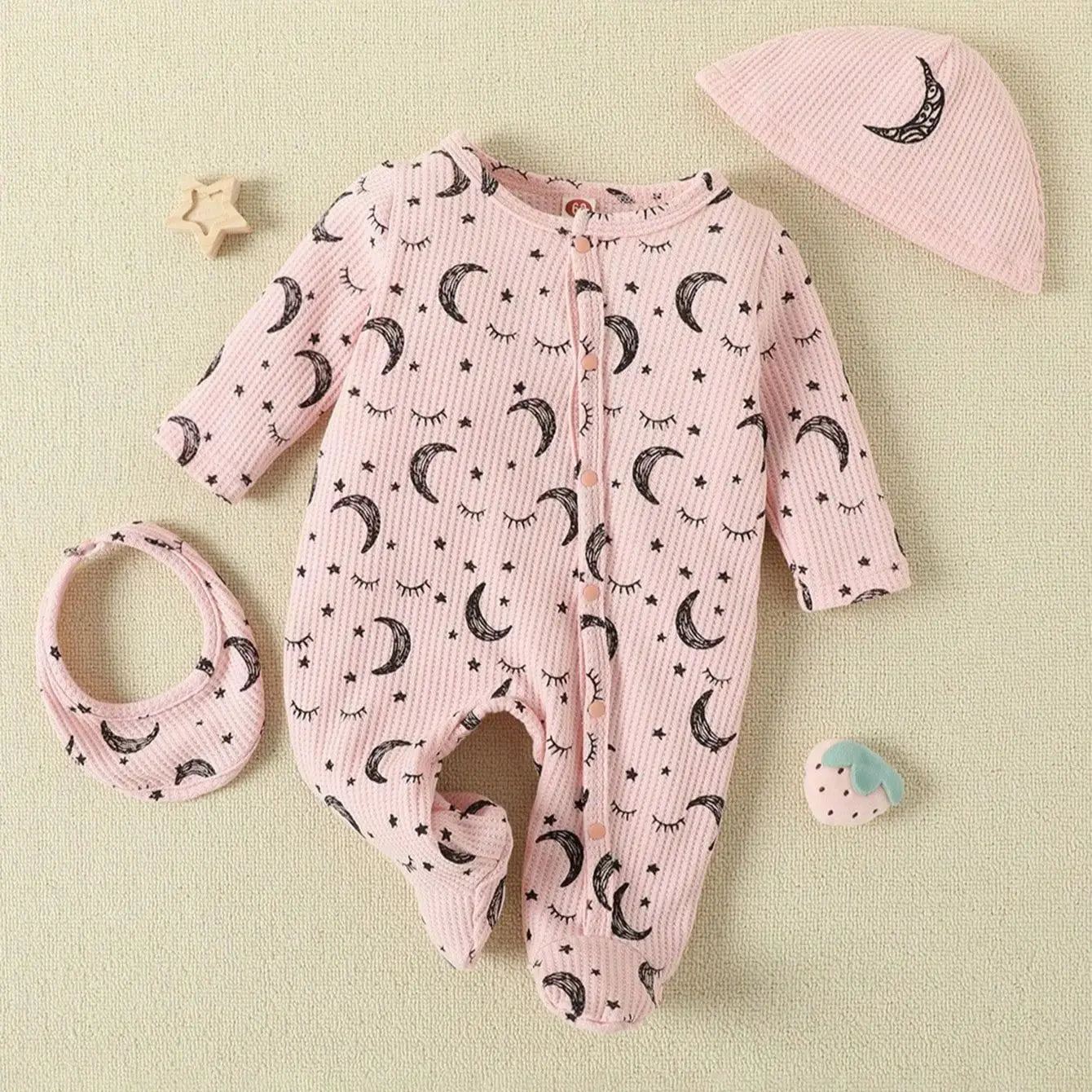 Baby Girl Moon and Star Pattern Long-Sleeved Round Neck Jumpsuit & Hat & Saliva Towel Three-Piece Set