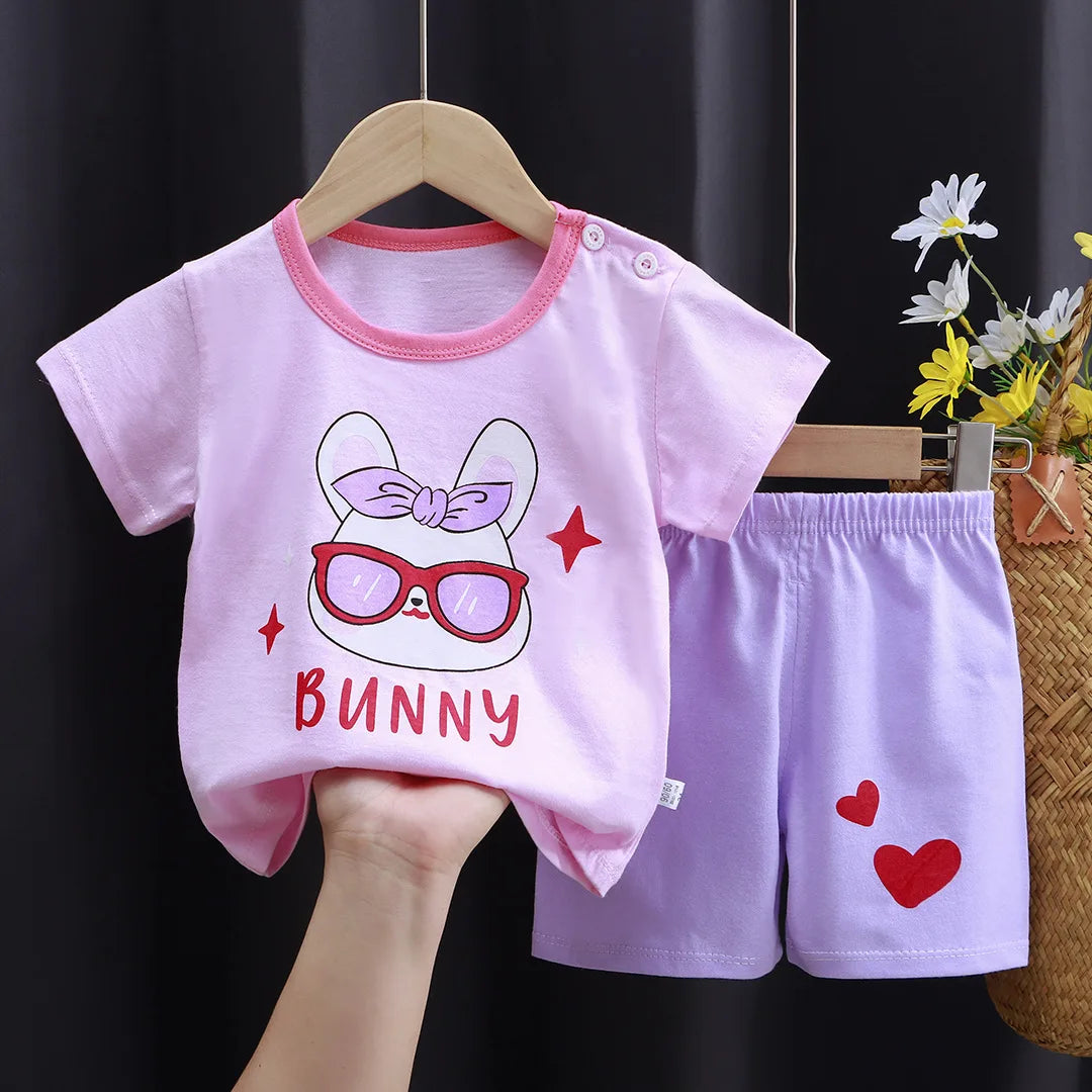 New Boys Summer Clothing Set Full Bear Print Cotton Short Sleeve T-shirts and Shorts 2PCS Breathable Outfit For Girls