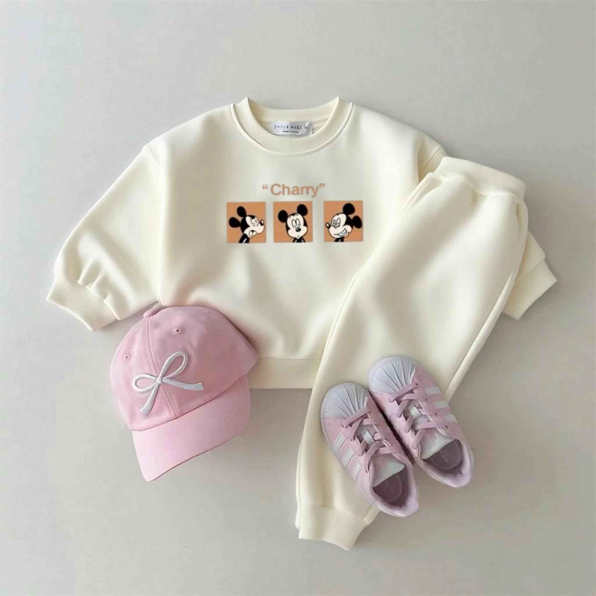 Mickey Mouse Hoodie +Pants 2Piece Set Spring Autumn Wear New Design Casual Crewneck Sweatshirts Solid Color Pants Outer Wear