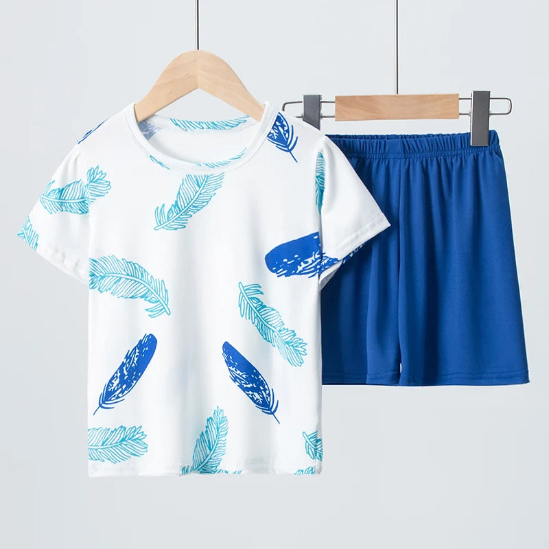 Summer CHILDREN'S Clothing Short Sleeve Shorts 2-piece Suit for Boys and Girls Comfortable Wild Blue Elephant Suit.